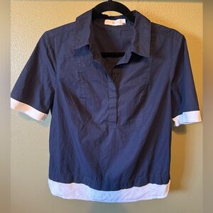 Tory Burch Short Sleeve Cotton Spandex Navy Silk Hem Cuffs Size 8